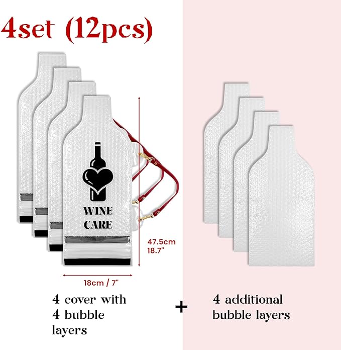 Daily Treasures 4 Set (12 pcs) Upgrade Reusable Wine Bags for Travel with Imitation Leather Handle, Carry Convient, Wine Bottle Protector for Airline Triple Luggage Leak-proof Safety Impact Resist