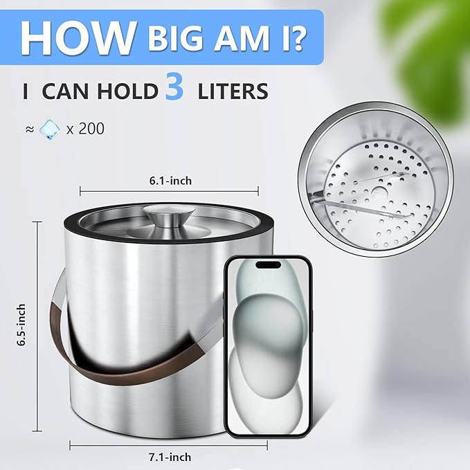 3L Double Wall Ice Bucket for Parties with Silicone Lid, Tongs & Strainer, Bar Insulated Ice Buckets [Silicone Lid for Longer Ice] Cocktail Wine Bucket Champagne Chiller Brown Accent Handle