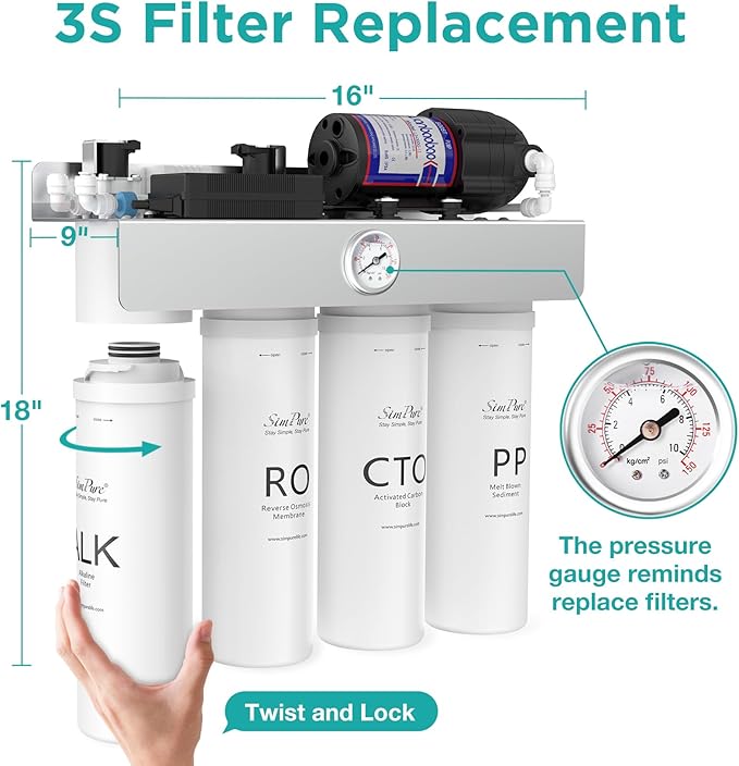 SimPure T1-400ALK 6-Month Replacement Filter Cartridge Pack Set for T1-400ALK Tankless Reverse Osmosis Water Filter System (1*PP Filter+1*CTO Filter+1*ALK Filter)