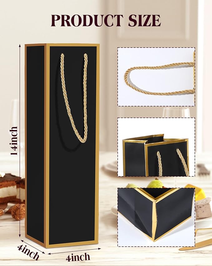 Megitzuu 12 Pack Wine Bottle Gift Bags - Wine Bags with Gold Foil Design, Reusable Bottle Totes for Fathers Day, 13.8"x4"x4" Kraft Paper Wine Bag with Handles for Birthday Party Wedding Bridal Shower