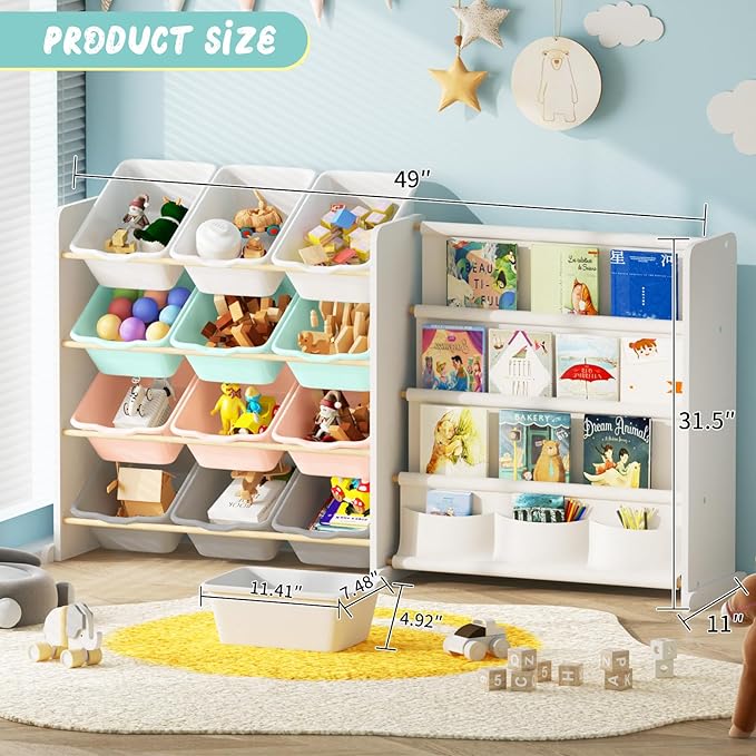 Kids Toy Storage Organizer - Toy Organizer with Kids Bookshelf, Toy Storage with 12 Toy Multi-color Bins and 4 Book Shelves, Toy Organizers and Storage for Playroom, Nursery, Kids Room, White