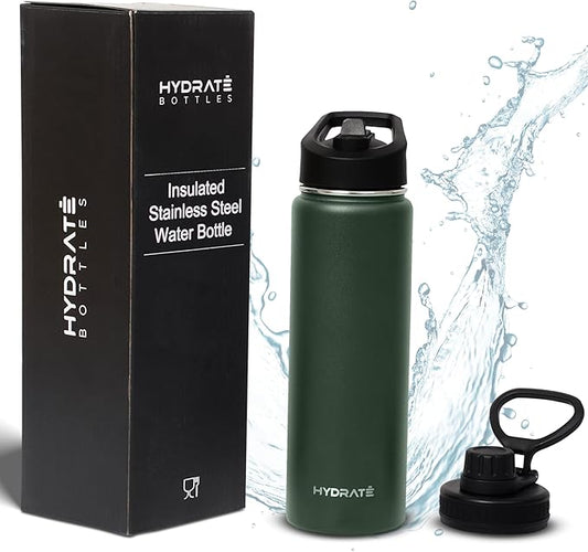HYDRATE Insulated Stainless Steel Water Bottle - Large Reusable Flask with Leak-Proof Design and Convenient Handle - Double Vacuum Insulation for School, Work, or Adventure
