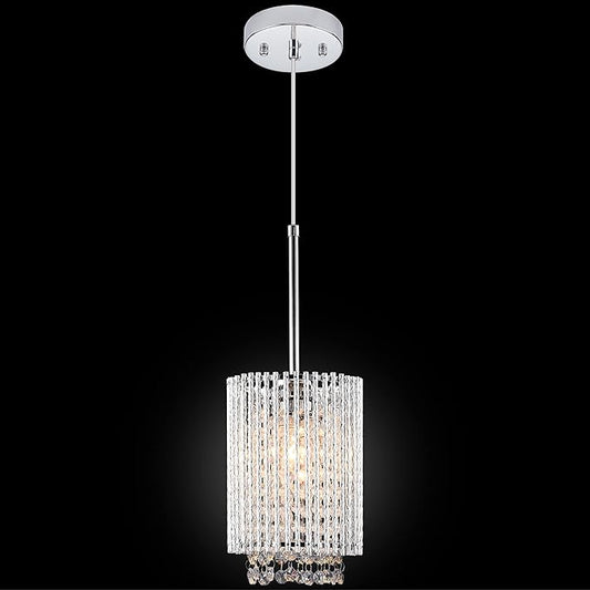 Mini Crystal Pendant Lighting 1 Light Modern Hanging Light Fixtures Small Cylinder Chrome Chandelier for Kitchen Island Dining Room