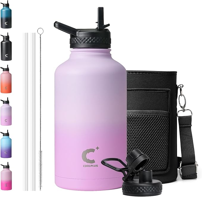 Coolplus Half Gallon Water Bottle With Straw Lid, 64 oz Insulated Stainless Steel Water Jug Metal Double-Walled Vacuum Large Flask With Carry Sleeve Leakproof, Keep Cold 48 Hrs Hot 24hrs, Purple