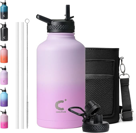 Coolplus Half Gallon Water Bottle With Straw Lid, 64 oz Insulated Stainless Steel Water Jug Metal Double-Walled Vacuum Large Flask With Carry Sleeve Leakproof, Keep Cold 48 Hrs Hot 24hrs, Purple