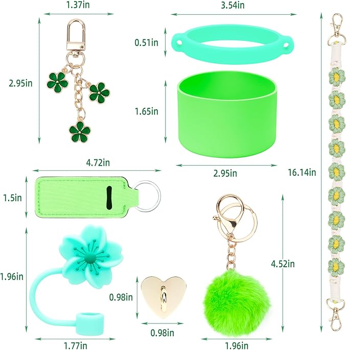 Stanley Cup Accessories Set Including 1 Pcs Water Bottle Handle Strap, 1 Pcs Siliocne Straw Cover, 1 Pcs Siliocne Stanley Cup Boot, 3 Pcs Stanley Charms for Stanley Cup 40oz & 30oz Tumbler - Green