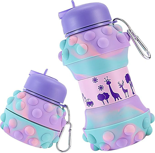 Kids Sports Collapsible Water Bottle | Ball Shaped Drinking Cup | Foldable BPA Free Leakproof Lightweight Silicon Jug | School Lunch Mug Team Gift Travel (Bubble Animal 550ml/18.6oz)