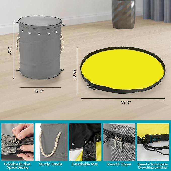 Toy Storage Basket and Play Mat for Kids - Foldable Toy Storage Organizer Bins with Lids - Kids Toy Box Chest for Building Blocks, Boys, Girls, Nursery, Playroom, 12.6''x12.6''x15.5''(Grey)