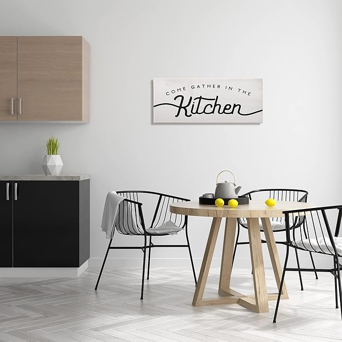 Stupell Industries Come Gather in The Kitchen Sign Family Charm, Designed by Daphne Polselli Canvas Wall Art, 13 x 30, Off- White