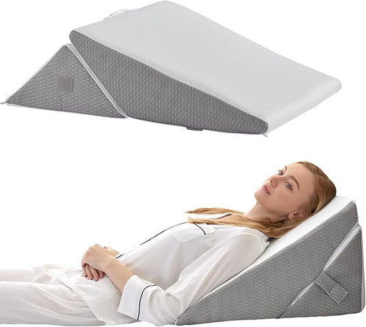 Wedge Pillow for Sleeping, Adjustable 9&12 Inch Foldable Bed Wedge Pillow Set, Orthopedic Memory Foam Triangle Pillow Wedge, 7-in-1 Elevated Pillows for Leg and Back Support, White/Grey