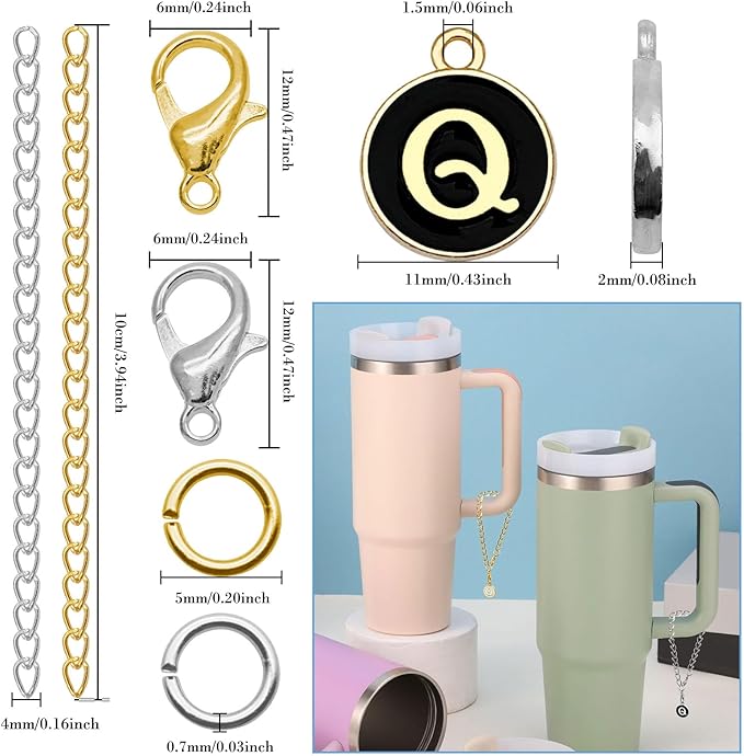 6PCS Letter Charm Accessories for Stanley Cup, Name ID Letter Handle Charm for Stanley Handle Identification Letter Pendant Handle Decoration for Stanley Tumbler Charms (Letter Q)