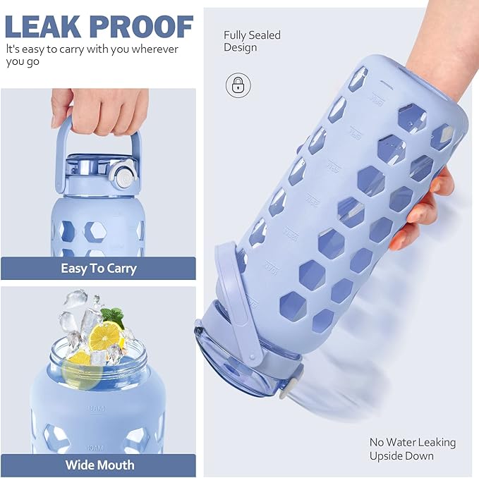 MUKOKO 56oz Glass Water Bottles with Straw and Lid,Motivational Water Jug with Time Marker Reminder and Silicone Sleeve,100% Leakproof BPA Free Fitness Sports Large Bottle-Light Blue