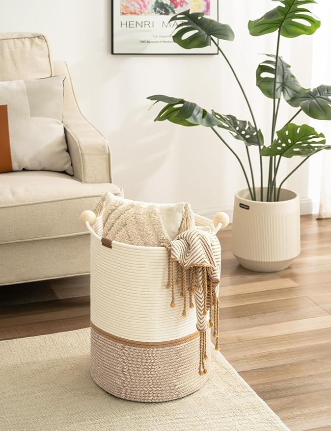 StorageWorks 58L Cotton Rope Laundry Basket with Wooden Beads Handles, Woven Basket for Storage, Dirty Clothes, Kids Toys, Towels, White & Khaki