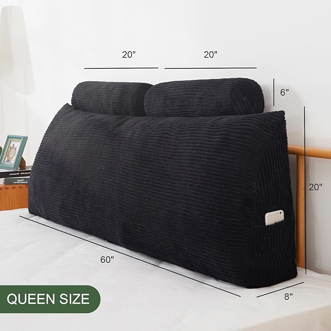 HIGOGOGO Wedge Headboard Pillow, Bed Rest Reading Pillow, Backrest Positioning Support Bolster Cushion with Removable Cover,Queen Size 60X20.4X8.4,Black