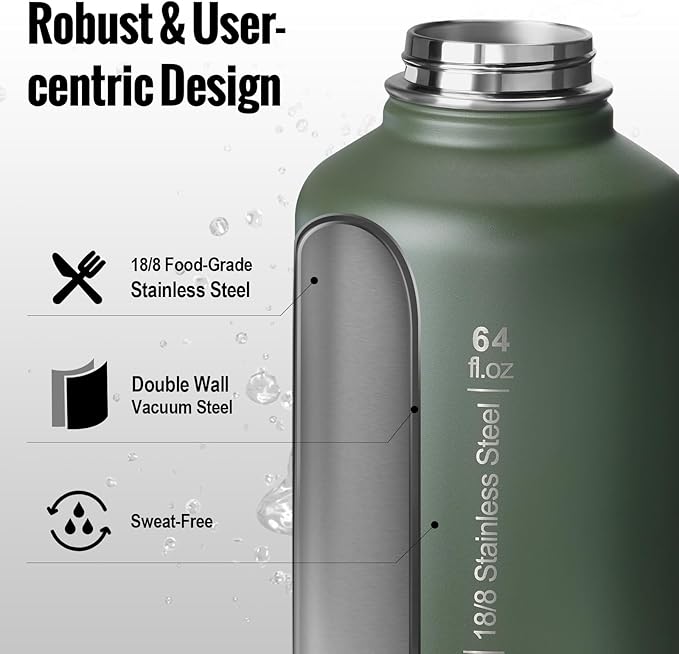 OneTigris Tactical Half Gallon Water Bottle with Straw - 64 oz Vacuum Insulated Stainless Steel Water Jug, Leakproof Sport Bottle with 3 BPA Free Lids, Paracord Handle & MOLLE Water Pouch for Outdoor