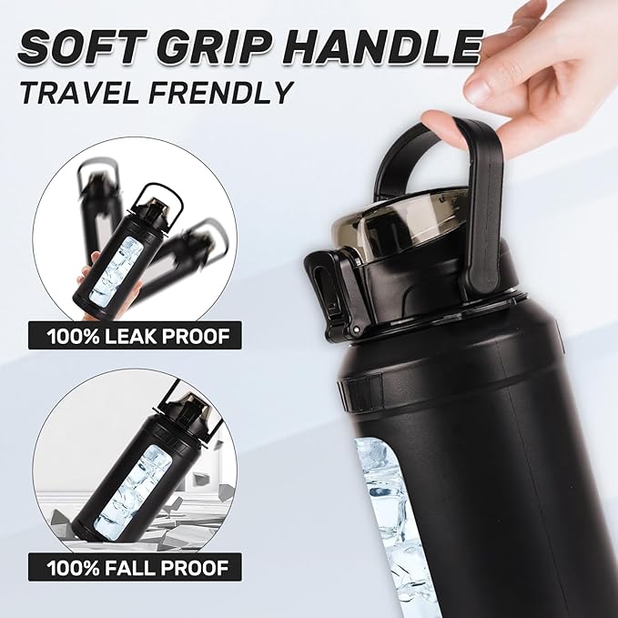 Glass Water Bottle,Inspirational Water Bottle With Straw and Handle,Large Sports Motivational Water Bottle with Strap and Shell For Gym,Sports,Daily (32 oz)