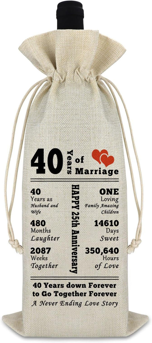 40th Anniversary Wedding Gift for Couple Wine Gift Bag 40 Years of Marriage Gift for Husband Wife Burlap Wine Wrap Bag Anniversary Keepsake Gift Wedding Gift for Grandparents Friend Valentine Gift