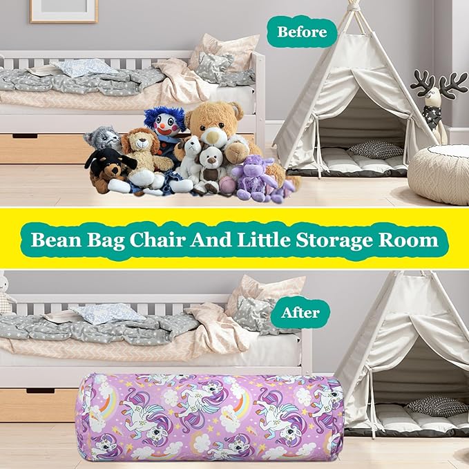 Stuffed Animal Bean Bag Storage Chair for Kids Cover Only (No Filler), Organize, Sit, Play & Boxing, 100% Cotton Canvas Washable, Ultra Soft Cylinder Long Vertical Zipper Best Gift for Child