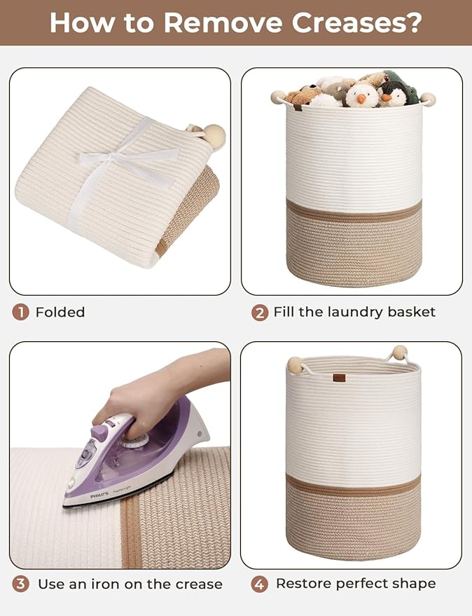 StorageWorks 72L Cotton Rope Laundry Basket with Wooden Beads Handles, Woven Basket for Storage, Dirty Clothes, Kids Toys, Towels, White & Khaki