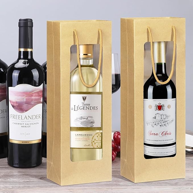 Megitzuu Wine Bottle Gift Bags With Window, 10 Pack Reusable Kraft Paper Gift Bags for Wine Bottle Birthday Party Wedding Bridal Shower