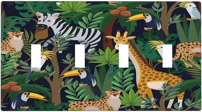 Cartoon Animal Zebra Leopard Giraffe Bird Leaf Quad Toggle Nursery Light Switch Covers Decorative 4 Gang Wall Plate Electrical Faceplate Switchplate for Kidroom Bedroom Bathroom Decor