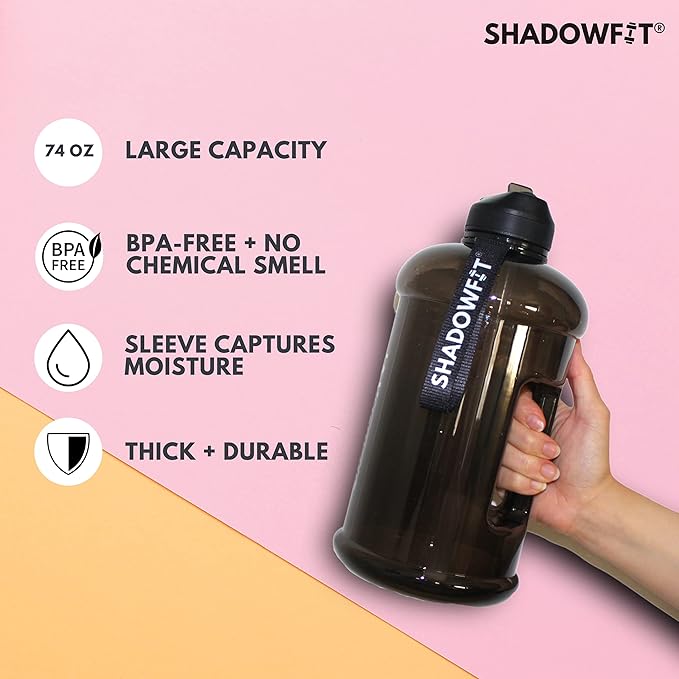 Half Gallon Water Bottles (74 ounce, 2.2 Liter) with Straw Lid Handle and Storage Sleeve - Large Jug Holder with Strap for Drinking during Workout and Exercise