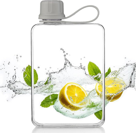 Tritan Transparent Flat Water Bottle samll Water Bottle Slim Square Pocket Bottle Water Flask, BPA Free/Slim Design/Leak Proof Water Bottle for Travel, Outdoor, Sports, Camping (Grey, 500ML)