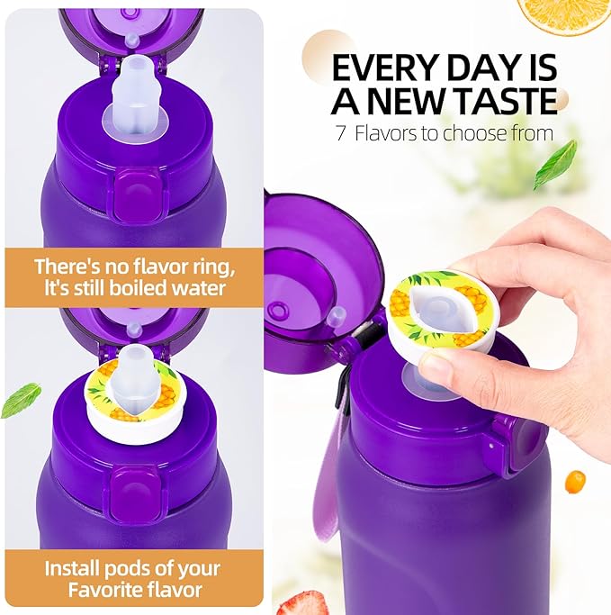 Air water bottle,750ML Air Water Bottle with 7 Flavor Pods, Stainless Steel Water Bottle with Straw, Sports Water Bottle Suitable for Outdoor Sport (Purple)