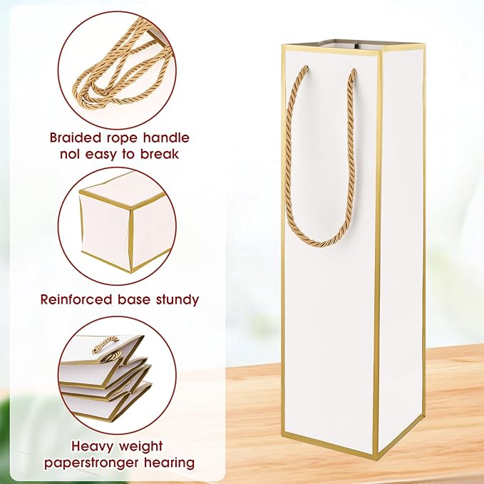 Wine Gift Bags 2 PCS Luxury Wine Bottle Gift Bags, 4"X4"X13.8" Reusable Liquor Bags with Gold Foil Print, Gold Foil White Wine Bags for Party Wedding Party Anniversary Champagne Wine Bags with Handles