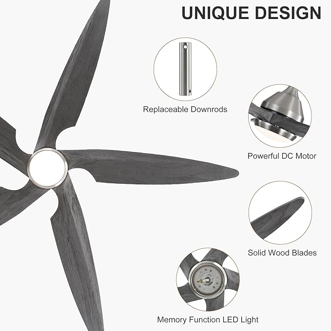 54 Inch Modern Ceiling Fan with Lights and Remote, 5 Wood Blades, 6-Speed Noiseless Reversible DC Motor with Replaceable Downrods for Bedroom Living Room Dining Room, Nickel and Gray