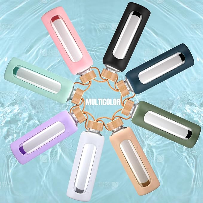 24oz Glass Water Bottle With 2 Lids-Flip Straw Lid, Bamboo Lid, Glass Water Bottle With Silicone Sleeve, Motivational Time Marker, Glass Juice Bottle for Cold Drink,Purple