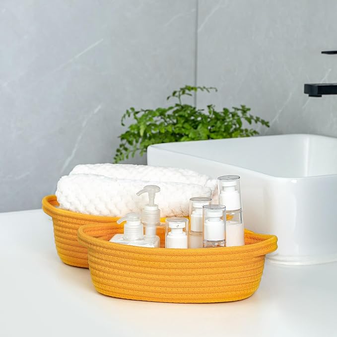 CubesLand Small Shelf Shelves Closet Basket,Woven Toy Basket Bin for Organizing,Storage Cube Organizer Basket Bin,Cute Rope Gift Basket,Back Shool Supplies,Over Toilet Storage Basket,Yellow 5-Piece