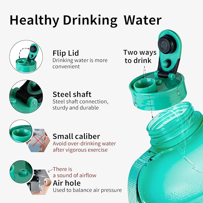 TOOFEEL 2.2 Liter 74 oz Reusable Clear Water Bottles - 100% Leak Proof BPA Free Water Bottle that Tracks Water Intake with Visible Volume Water Jugs for Sports Bottle (Clear Matte Green Water Bottle)