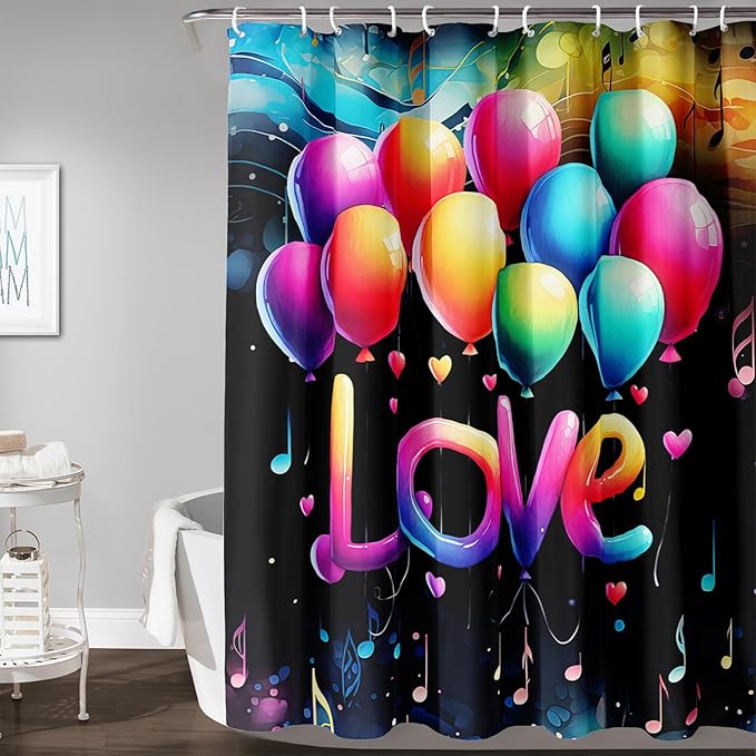 AILONEN Love Theme Shower Curtain for Bathroom, Romantic Rainbow Balloon Tie Dye Bath Curtain for Kids Girls Women,Abstract Music Black Shower Curtain Waterproof with 12 Plastic Hooks, 72" W*84" H