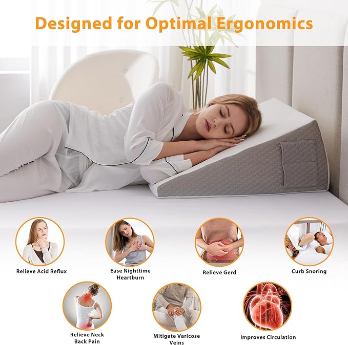 Bed Wedge Pillow for Sleeping, 7.5" Wedge Pillows for After Surgery, Soft Memory Foam Top, Triangle Pillow Wedge, Body Positioners for Leg Elevation, Acid Reflux, Gerd, Snoring Relief, White
