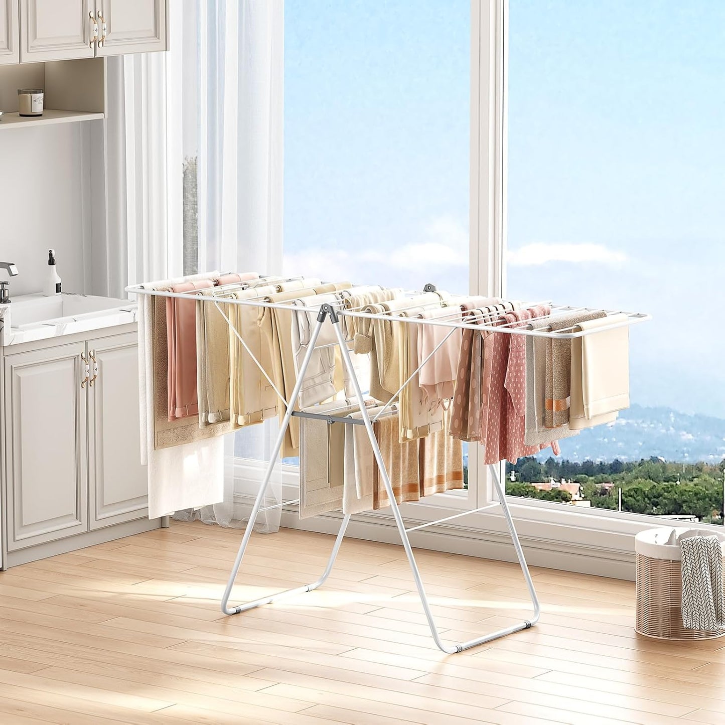 APEXCHASER Clothes Drying Rack, Oversized Drying Rack Clothing with Height-Adjustable, Foldable Gullwings Metal Laundry Rack, Indoor Outdoor Use, No Assembly, White