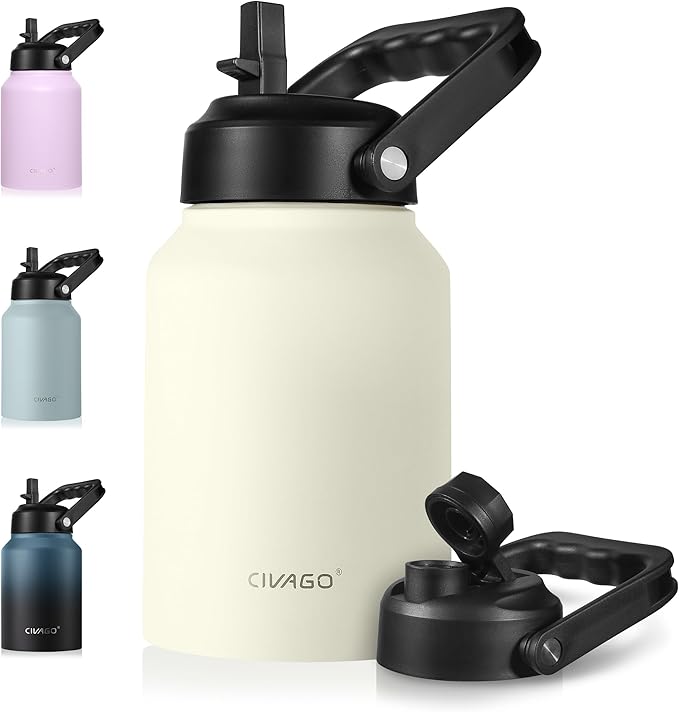 CIVAGO Half Gallon Insulated Water Bottle Jug with Straw, 64 oz Large Stainless Steel Sports Metal Water Flask with Handle, Big Thermal Water Cup Mug with 2 Lids for Camping & Fishing, Cream