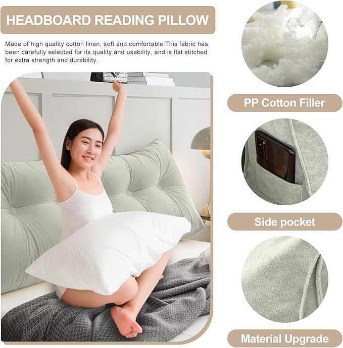 Large Triangular Headboard Pillows Long Backrest Positioning Support Bolster Cushion for Daybed Fluffy Quality Plush Body Wedge Pillow with Removable Cover(Dark grey-Cal King-71x8x20 in)