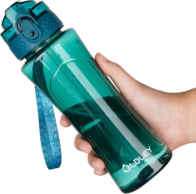 OLDLEY Kids Water Bottle with Straw 15 oz BPA-Free Leak-Proof Motivational Water Bottles with Time Marker for School Sports Travel Gym, Easy to Use for Girls Goys, 1 Straw Lid,Transparent-dark green