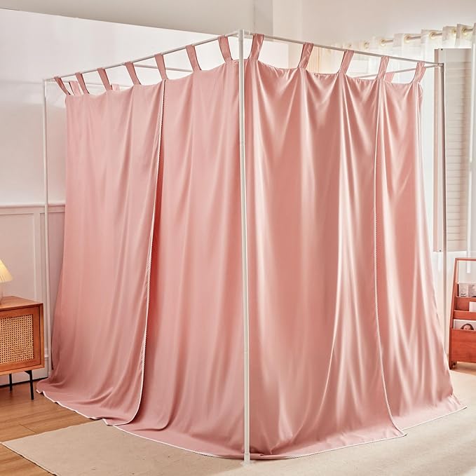 AIKASY Bean Paste Canopy Bed Curtains with Top Ties and Tie Backs for Bedroom Decoration - Twin Size Bed Curtains with Windproof and Lightproof Features