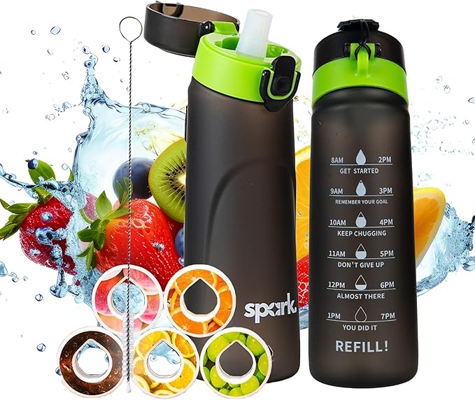 SPARK Air Water Bottle with Flavor Pods,750ML Scented Water Bottle BPA Free, Leak Proof Sports Motivational Water Bottle with Time Marker, Fruit Fragrance Water Bottle with Straw (Black+5 Pods)