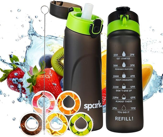 SPARK Air Water Bottle with Flavor Pods,750ML Scented Water Bottle BPA Free, Leak Proof Sports Motivational Water Bottle with Time Marker, Fruit Fragrance Water Bottle with Straw (Black+5 Pods)