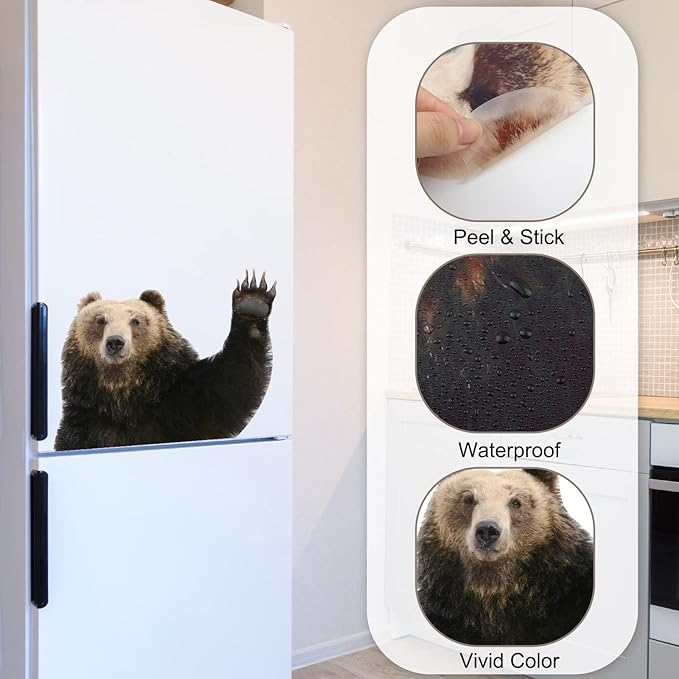 Funny Bear Wall Decal Peel Stick Realistic Hi Bear Wall Art Sticker, Removable Vinyl Bear Sticker Mural Funny Gift for Friends Bathroom Kids Bedroom Playroom Safari Wall Art Decor