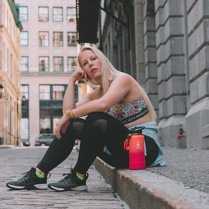 Farsea Insulated Water Bottle With Paracord Handle, Protective Boot and 2 Lids (Straw Lid & Spout Lid), Stainless Steel Water Bottle Wide Mouth, Double Wall Sweat-Proof BPA-Free, 32 oz