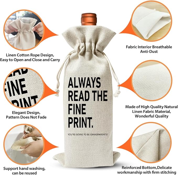 Grandparent To Be Gift Wine Bag, Always Read The Fine Print, Promoted to New Grandparent Gift, Baby Announcement Gift, Becoming A Grandparent, Baby Shower or Party Favor, Baby Pregnancy Reveal Gift