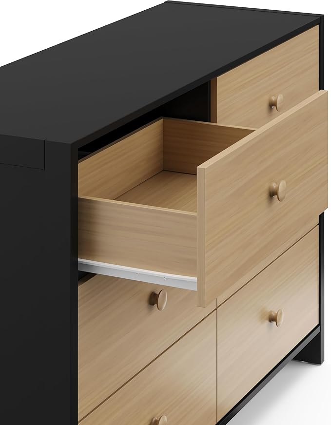 Storkcraft Calabasas 6 Drawer Dresser (Black with Driftwood) - GREENGUARD Gold Certified, 6 Drawer Dresser with Interlocking Drawer System, Dresser Drawer Organizer for Kids' Bedroom