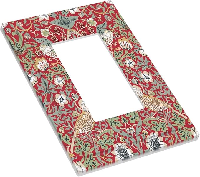 William Morris Strawberry Thief Botanical Red Green 1 Gang Rocker Light Switch Covers Single Decora Outlet Wall Plate Decorative Switchplate Faceplate GFCI for Country Bathroom Bedroom Kitchen Decor