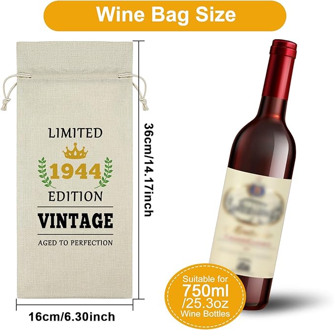 Sazuwu 80 Year Old Gifts Vintage 1944 Wine Bag 80th Birthday Gifts for Women Men Gifts for Someone Turning 80 Wine Bottle Decoration Bag Born in 1944 Gifts Wine Accessories Gifts for Wine Lovers