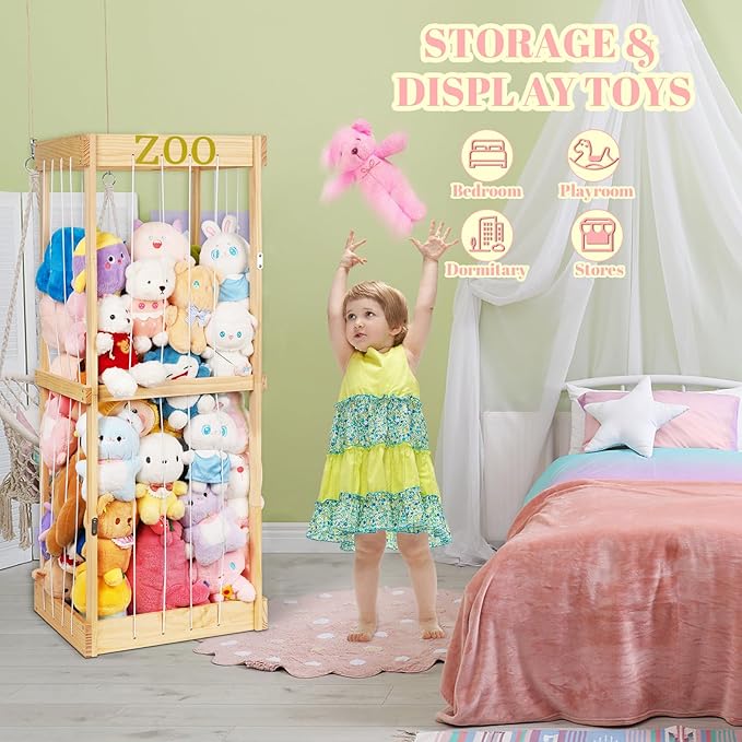 Trycooling Stuffed Animal Zoo Stuffed Animal Storage Wood Plushie Storage Stuffed Animals Zoo Storage Cage with Zoo Pattern Elastic Band for Nursery Play Room Bedroom (Wood)
