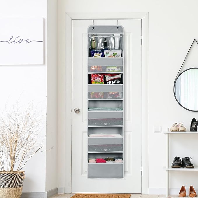 Univivi Over Door Hanging Organizer Storage with 5 Large Pockets and 3 Small PVC Pockets for Cosmetics Wall Hanging Storage Organizer for Pantry Baby Nursery Bathroom Closet Dorm(Grey)